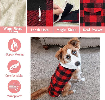 Malier Dog Winter Coat, Classic Plaid Fleece Dog Cold Weather Coats Dog Jacket with Pocket, Windprood Warm Dog Coat Vest Winter Pet Clothes Apparel for Small Medium Large Dogs (Red, XXX-Large)
