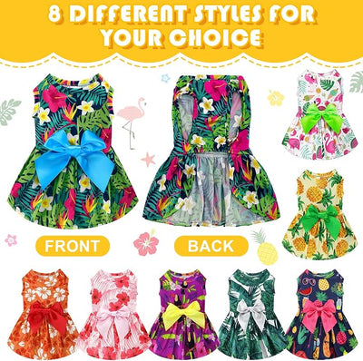 LEIFIDE 8 Pcs Summer Themed Hawaii Dog Dresses Holiday Flamingo Fruit Floral Pattern Pet Skirts Hawaii Puppy Princess Dresses Outfits Bowknot for Girl Dogs Cats Beach(XS)