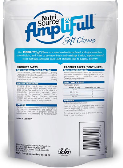 NutriSource AmpliFull Turkey Flavor Mobility Soft Chews for Dogs, Daily Joint Health Supplement with Glucosamine & Chondroitin for Flexibility & Comfort, 70 Chews (1 Pack)