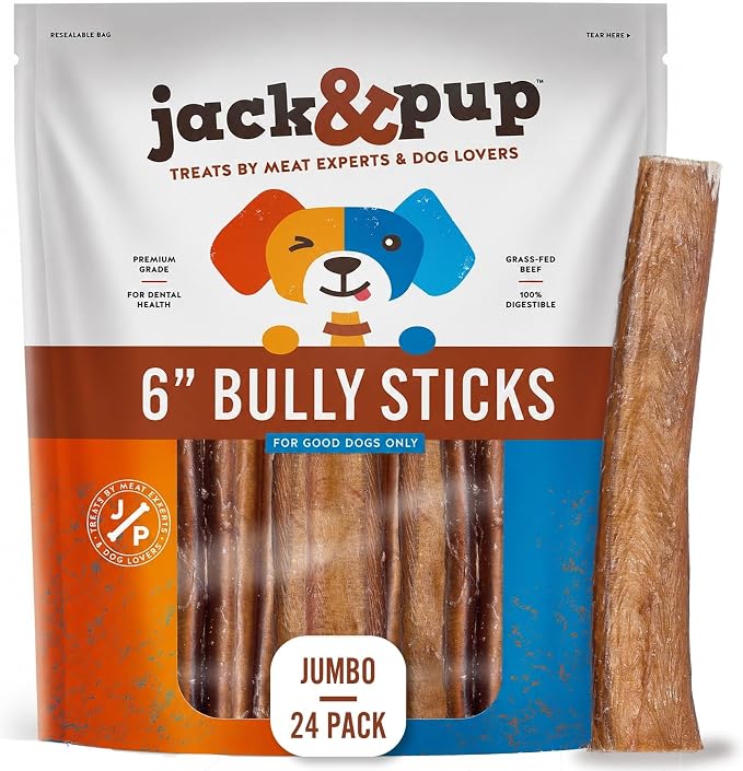Jack&Pup 6 Inch Jumbo Bully Sticks for Dogs (24 Pack) Single Ingredient Dog Bully Sticks for Large Dogs and Aggressive Chewers