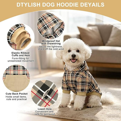 EXPAWLORER Plaid Dog Hoodie - British Style Warm Dog Sweater Shirt with Leash Hole,Pitbull Clothes Outfits,Winter Coat Apparel for All Breeds Puppy Girl Boy-Cat Apparel,Beige Medium