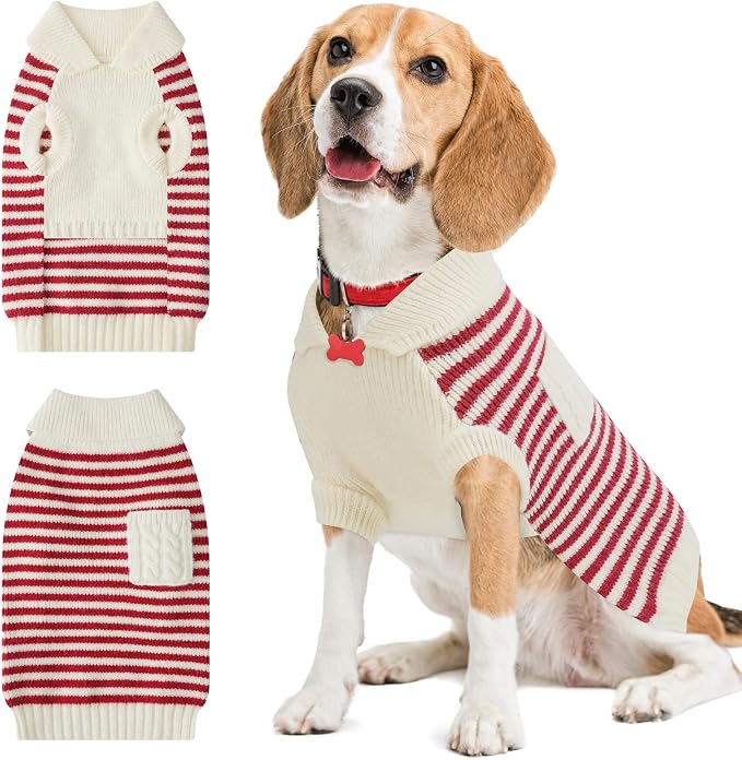 Small Dog Sweater, Knitted Striped Pullover Dog Clothes for Cold Weather, Thick Warm Cozy Stretchy Sweater for Chihuahua, Bulldog, Dachshund, Pug(Red & White Strip, XL)