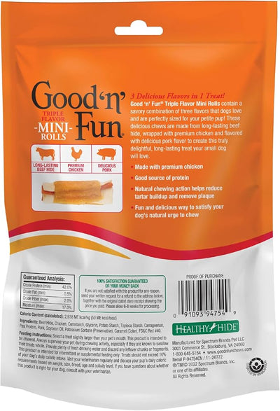 GOOD 'N' FUN Mini Rolls Long-Lasting Treat for Small Dogs, with Real Proteins, Beef Hide and Premium Chicken, Supports Dental Health, Mental Stimulation, 8 oz