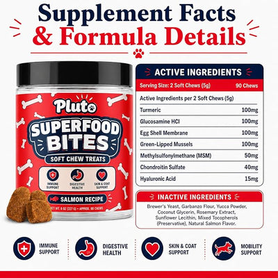 Pluto Superfood Softchew for Dogs, Immune Support Digestive Health Skin & COATSUPPORT Hip and Joint Supplement for Dogs Salmon Flavor 90 Chews (1 PCS)