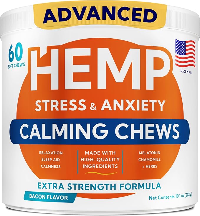 Advanced Calming Chews for Dogs - Hemp Treat + Melatonin + Valerian - Relaxing Bites - Calming Care - Stress Relief - Made in USA - Calm, Sleep Aid, Storms - 60Ct