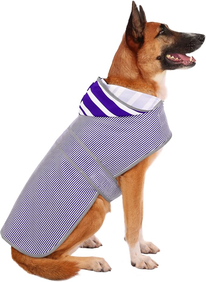 Dog Raincoat for Large Dogs Puppies Waterproof Jacket Hooded Rain Coats with Reflective Strips Leash Hole & Poncho Adjustable Fit (Bluestripe,XL)