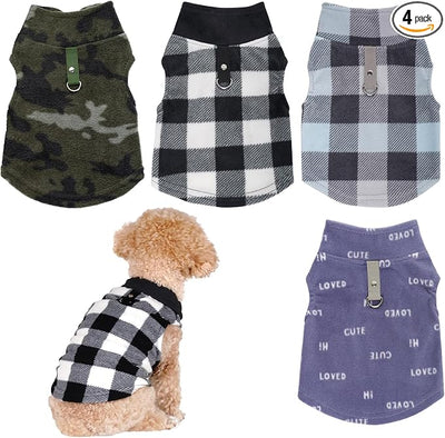 Rbenxia 4 Buffalo Plaid Dog Sweaters with Leash Ring Soft Fleece Vest Warm Puppy Pullover Jacket Cat Pets Winter Outfits (Blue-Gray, Black-White, Camouflage, Gray Letters, Medium)