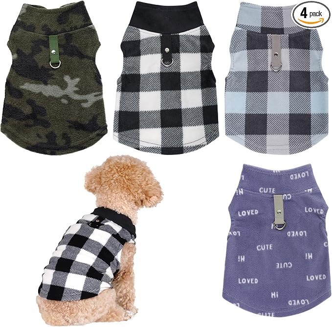 Rbenxia 4 Buffalo Plaid Dog Sweaters with Leash Ring Soft Fleece Vest Warm Puppy Pullover Jacket Cat Pets Winter Outfits (Blue-Gray, Black-White, Camouflage, Gray Letters, Large)