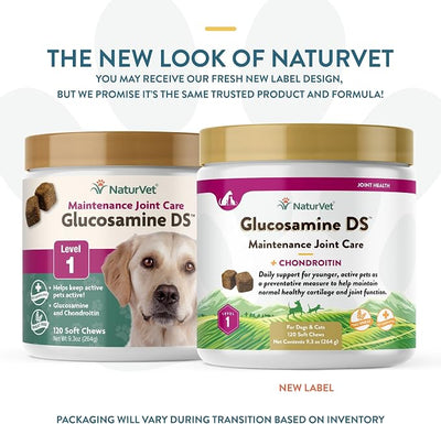 NaturVet Glucosamine DS Level 1 Maintenance, Joint Care Support Supplement for Dogs and Cats, Soft Chews, Made in The USA