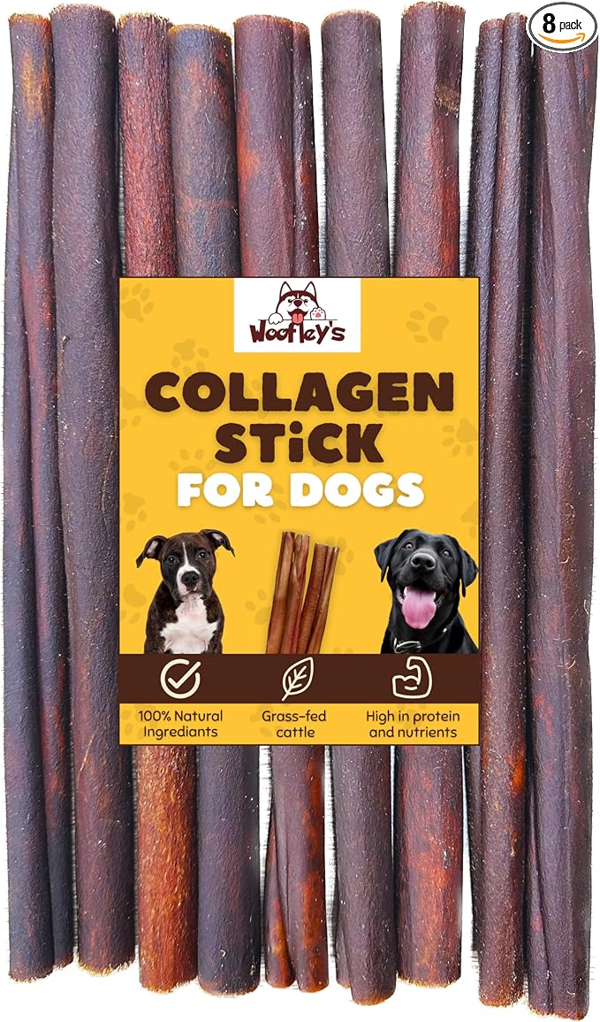 Woofley's 12 Inch Beef Collagen Sticks for Dogs (8 Count) Bully Stick Rawhide Alternative Dog Chews No Hide Bones for Medium & Large Dogs