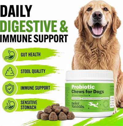 Deley Naturals Dog Probiotics Chews - 4 Billion CFU Dog Probiotics, Prebiotics, Enzymes for Digestion & Gut Health - Smaller Soft Chews, Lower Calories, Same Active Ingredients - USA Made - 60 Count