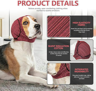 Meifsou Dog Head Wrap - Quiet Ears for Anxiety, Self-Adaptive Fit Dog Calming Hood, No Shake Ear Cover Snoods for Thunder, Fireworks, Grooming, Quick-Dry Fabric and Soundproof Cotton, Heather Red, M
