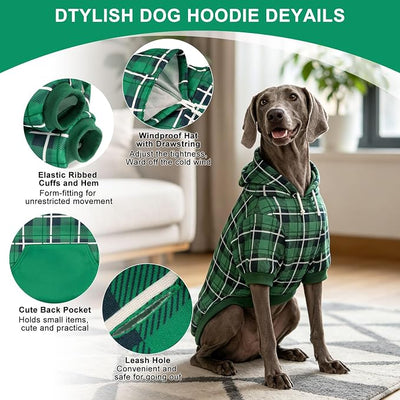 EXPAWLORER Plaid Dog Hoodie - British Style Warm Dog Sweater Shirt with Leash Hole,Pitbull Clothes Outfits,Winter Coat Apparel for All Breeds Puppy Girl Boy-Cat Apparel,Green Large