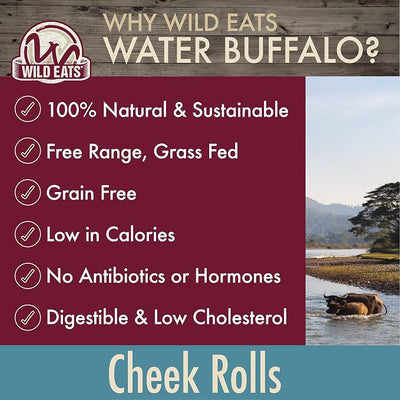 Wild Eats Water Buffalo 3" No-Hide Cheek Roll Dog Chews - 5 Pack (Long Lasting Chews, Treats, Rawhide Free for Aggressive Chewers & Medium Dogs) Pig Ears Alternative, Low Fat, High Protein