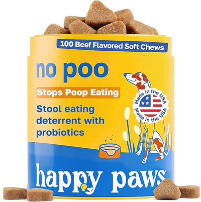 Happy Paws No Poo Chews for Dogs, Poop Eating Coprophagia Deterrent, Probiotics for Dogs with Pumpkin & Enzyme Blend for Digestive Health, Organic, Vegan, Non GMO, Beef Flavor, 100 Count
