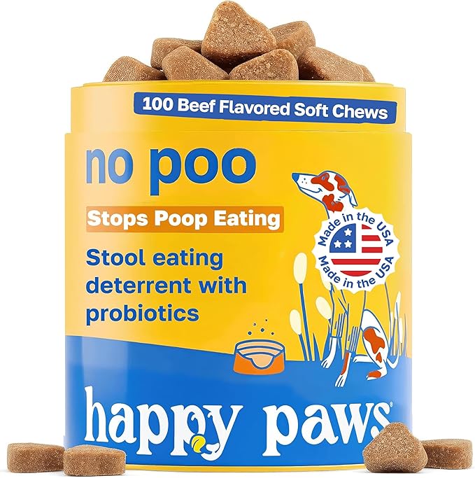 Happy Paws No Poo Chews for Dogs, Poop Eating Coprophagia Deterrent, Probiotics for Dogs with Pumpkin & Enzyme Blend for Digestive Health, Organic, Vegan, Non GMO, Beef Flavor, 100 Count