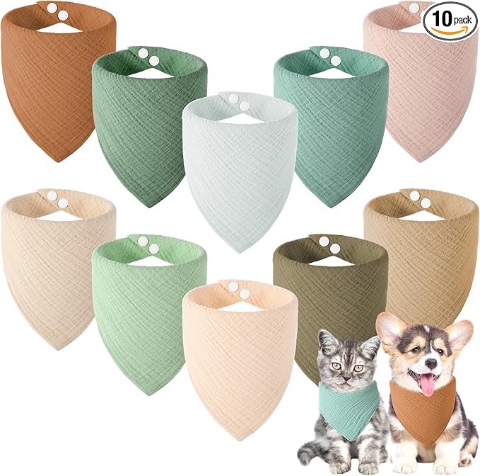 10 Pcs Muslin Cotton Triangle Dog Bandanas Reversible Pet Bibs Scarf Dog Scarves with Two Snaps Apparel Accessories Kerchief for Small to Medium Puppy Cat(Calm & Neutral Color)