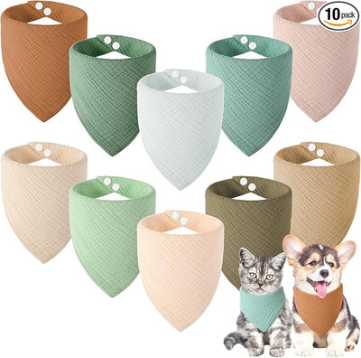 10 Pcs Muslin Cotton Triangle Dog Bandanas Reversible Pet Bibs Scarf Dog Scarves with Two Snaps Apparel Accessories Kerchief for Small to Medium Puppy Cat(Calm & Neutral Color)