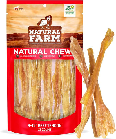 Natural Farm Beef Tendons (9-12 Inch, 12 Pack), Natural Chondroitin and Collagen: Supports Healthy Joints, Great for Dental Health – Made & Packaged, All Dog Sizes