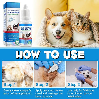 Ear Infection Treatment Drops for Dogs and Cats, Dog Ear Infection Treatment with 1% Hydrocortisone Soothing Ear Mites, Itchy Ear Relief-Treats Ear Cleaner for Dogs & Cats - 4 Fl oz