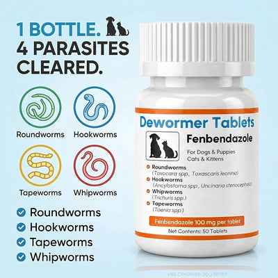 Dewormer for Dogs and Cats - Fenbendazole 100mg Tablets - Broad Spectrum Treats Roundworms, Hookworms, Tapeworms & Whipworms - Safe for Puppies & Kittens, 50 Count