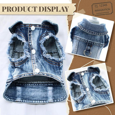 Cool Dog Jean Jacket Vest with D-Ring Blue Denim Dogs Outfits for Small Medium Dogs Cats Boy Male Dog Clothes Costume Dogggie Puppy Harness Coat for Frenchie Walking(Blue with D-Ring,S)
