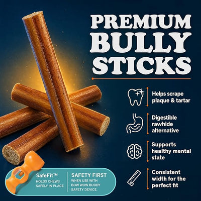 Bow Wow Labs SafeFit™ Bully Sticks for Dogs - 100% All Natural Beef Sticks, Grass-Fed, Low Odor, Long Lasting Dog Chews, Dog Chew Treats, Bully Stick for Small, Medium, Large Dogs - 6" Midsize 10 Pack