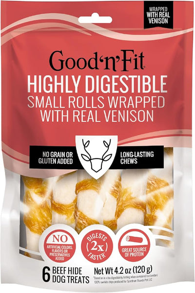 Good ‘n’ Fit Rolls Made with Real Venison, 6 Small Rolls, Treat Your Dog to Long-Lasting and Highly Digestible Rawhide Chews