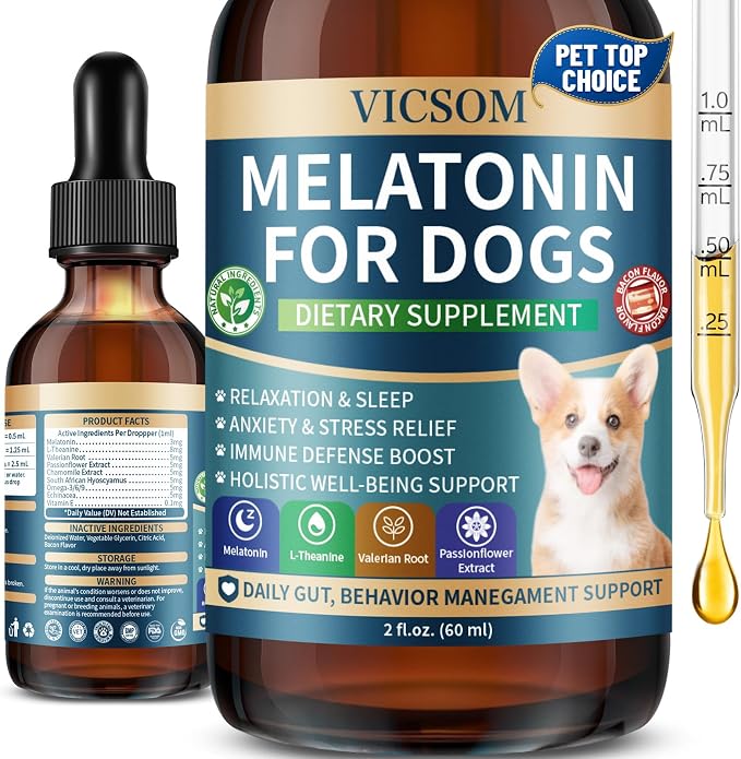 Liquid Melatonin for Dogs, Dog Melatonin with L-Theanine for Small Medium Large Dog Sleep Aid, Stress & Anxiety Relief, Calm Aid for Dogs Puppies, Support Relaxation & Deep Sleep, 60ml