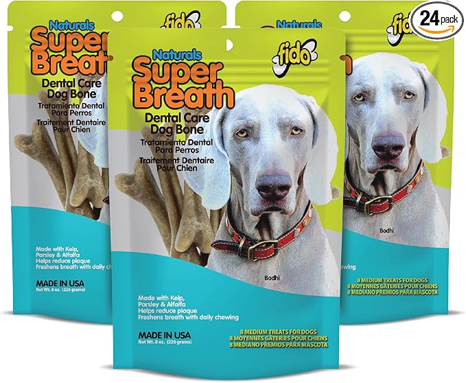 Fido Super Breath Dental Care Bones for Dogs, Medium - 8 Count, Pack of 3 - Fresh Breath Dog Dental Treats for Medium Dogs - Plaque & Tartar Control - Made in USA - 24 Total