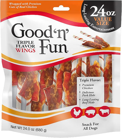 GOOD 'N' FUN Wings Long-Lasting Dog Treat, with Real Proteins, Premium Chicken and Beef Hide, Supports Dental Health, Mental Stimulation, 24 oz