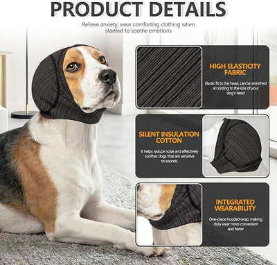 JOHNBOLIN Dog Calming Hoodie & No Shake Ear Wrap for Hematoma, Bathing, Drying Swim& Noise Anxiety Relief - Elastic Quiet Ear Protector with Ear Muffs Design for Grooming/Head Ear Cover (Grey, M)