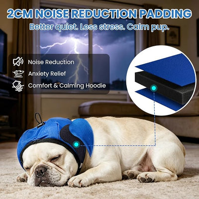 LIANZIMAU 2CM Noise Reduction Padding Dog Ear Muffs Noise Protection Comfort Calming Hoodie for Fireworks Anxiety Adjustable Dog Ear Covers for Grooming with Elastic Eye Strap Polyester
