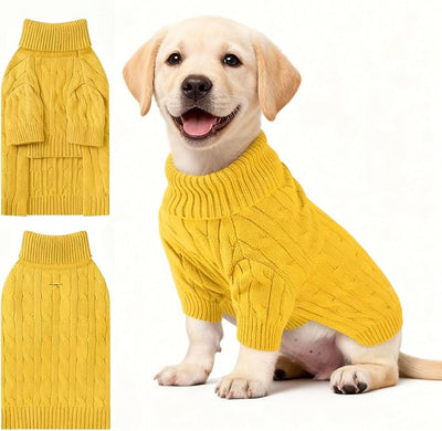 Small Dog Thermal Pullover Sweater, Classic Turtleneck Cable Knitwear Dog Clothes for Cold Weather Warm Pet Clothes for Chihuahua, Bulldog, Dachshund, Pug Yellow X-Large
