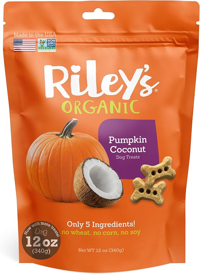 Riley's Dog Biscuits - Organic & Crunchy Small Dog Treats for Training and Reward - All Natural Bone Biscuits Made in USA - 12oz, Pumpkin with Coconut