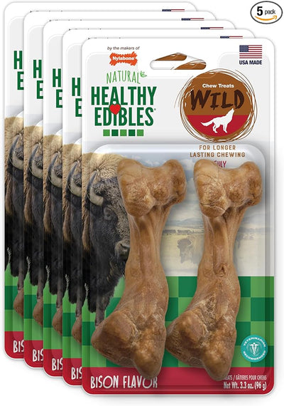 Nylabone Healthy Edibles Wild Natural Dog Chews, Long Lasting Bones for Dogs, Bison Flavor Dog Treats, Medium (10 Count)