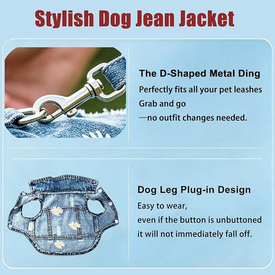 Denim Vest Jacket for Small Medium Dog Clothes Jean Apparel Cute Outfit for Dog Cat Girls Boys Puppy Costume Dog Harness Dress Shirt Chihuahua Yorkie(Many Daisy with D Ring, X-Large)