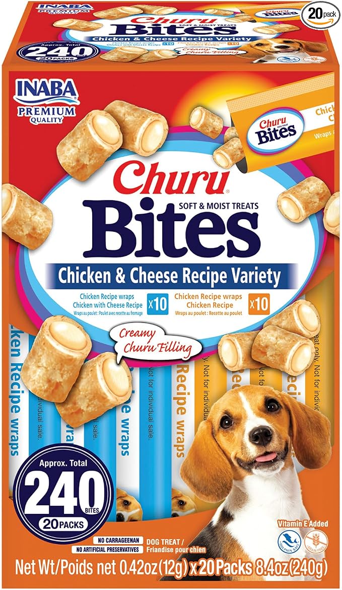 INABA Churu Bites for Dogs, Soft & Chewy Dog Treats with Vitamin E, 0.42 Ounces Each Tube, 20 Tubes, Chicken & Cheese Variety Box