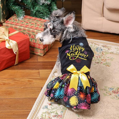 CuteBone Happy New Year Dog Dresses Velvet Holiday Small Dogs Clothes Onesie Pet Apparel Girl Puppy Skirt with Bow Hair Rope