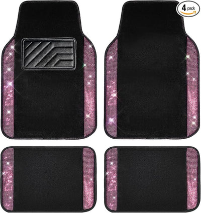 CAR PASS Bling Diamond Car Floor Mat Shining Rhinestones Carpet, Sparkly Glitter Crystal Anti-Slip PVC Heel Pad Automotive Universal Fit for SUV Sedan Car Van, 4pcs for Girl Cute Women, Black Pink