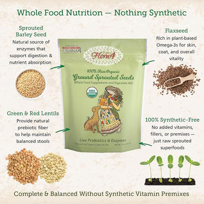 CARNA4 Flora4 Sprouted Seeds Food Topper for Dogs & Cats, Original Blend with sprouted Flaxseed, Rich in Natural Probiotics & Digestive Enzymes, Synthetic-Free Whole Food Supplement 18oz