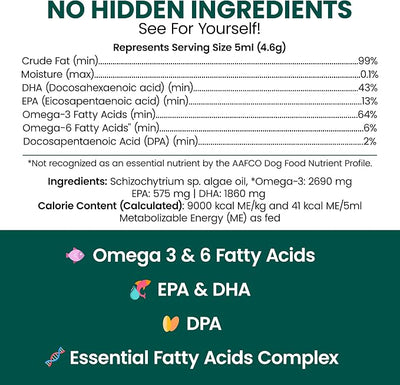 Vegan Omega 3 Oil for Dogs - 8 oz of Fish Free Algae Oil for Healthy Skin and Coat - Made with Omega 3 and 6 Fatty Acids, EPA, DHA, and DPA - Made in the USA