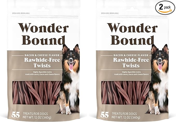 Amazon Brand - Wonder Bound Bacon & Cheese Flavor Dog Twist Sticks - 55 Count - Rawhide-Free Dog Treats, Dental Health Chews for Plaque & Tartar Control, Easy to Digest, Long-Lasting (Pack of 2)