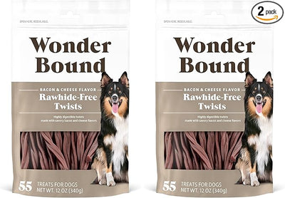 Amazon Brand - Wonder Bound Bacon & Cheese Flavor Dog Twist Sticks - 55 Count - Rawhide-Free Dog Treats, Dental Health Chews for Plaque & Tartar Control, Easy to Digest, Long-Lasting (Pack of 2)