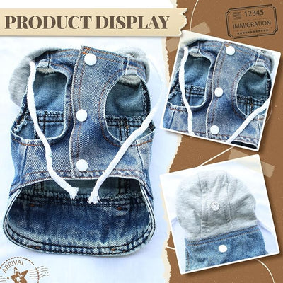Cool Dog Jean Jacket Vest with D-Ring Blue Denim Dogs Hoodies Outfits for Small Medium Dogs Cats Boy Male Dog Clothes Costume Dogggie Puppy Harness Coat for Frenchie Walking(Grey Hat,XS)