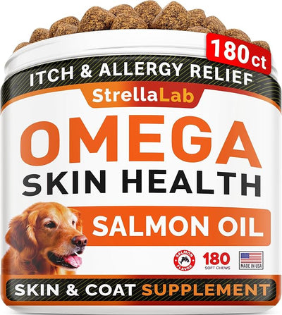 StrellaLab Omega 3 for Dogs - (180Ct) Fish Oil Treats - Allergy & Itch Relief Skin & Coat Supplement - Dry Itchy Skin, Anti Shedding & Hot Spots Treatment - Pet Salmon Oil Chews - Salmon Flavor