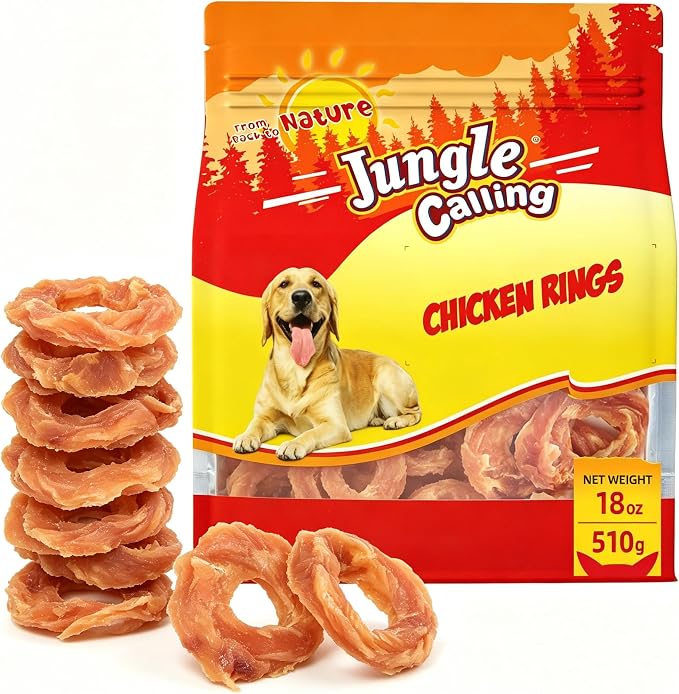 Jungle Calling 1.13 lb Chicken Jerky Rings Dog Treats – Rawhide Free Natural Chews for Hip & Joint Health with Glucosamine – High Protein Training Treats for Small Medium Large Dogs