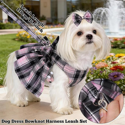 Dog Plaid Dress Harness and Leash Set with Pearls Bow Adjustable Puppy Dress Mesh Vest Bow Knot Pet Clothes for Cute Small Girl Dog Cat (Pink&Black, XX-Large)