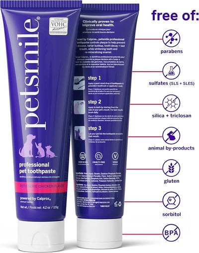 petsmile Professional Pet Teeth Brushing Kit for Cats & Dogs - VOHC Accepted Toothpaste & Patented Toothbrush - Proven to Control Plaque & Tartar Calprox Formula (Rotisserie Chicken, 4.2 Oz)