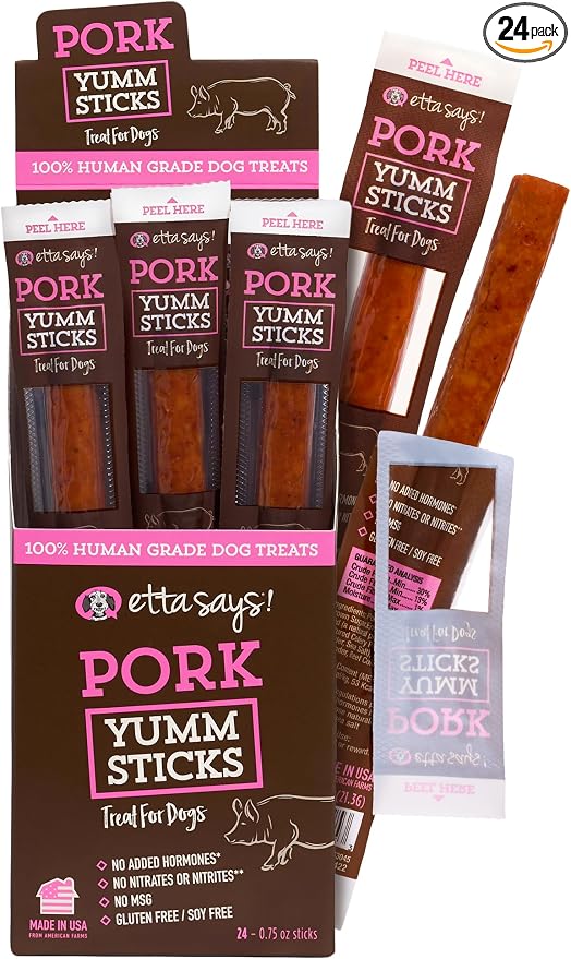 etta says! Yumm Sticks - Real Meat Pork Dog Jerky Treats - Human Grade - Made in The USA (24 Count Pack of 1)